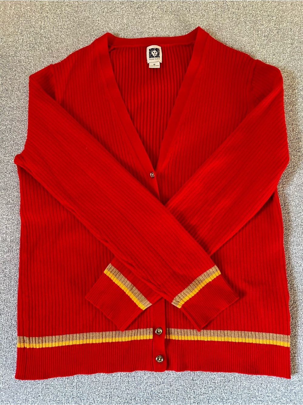 Anne Klein Red Ribbed Varsity Cardigan Sweater Preppy Minimalist Academia M